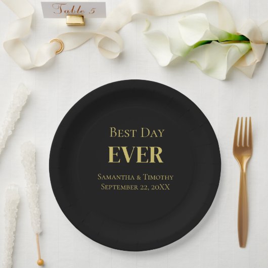 Personalisierter Schwarzer Gold-Best-Day Pappteller (Hochzeit)