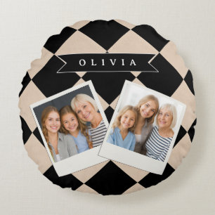 Personalisierter schwarzer Harlekin-Karo-Diamant Rundes Kissen