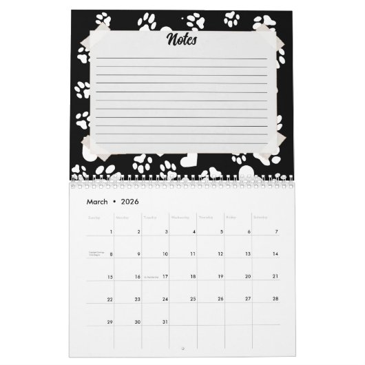 Personalisierter Schwarzer Kalender mit Paw-Drucke (Mär 2026)