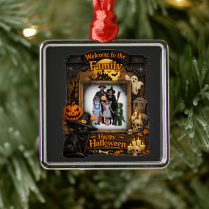 Personalisierter schwarzer Katzen-Halloween-Famili Ornament Aus Metall