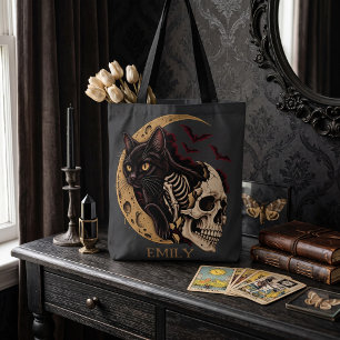 Personalisierter schwarzer Katzenskelett-Totenkopf Tasche