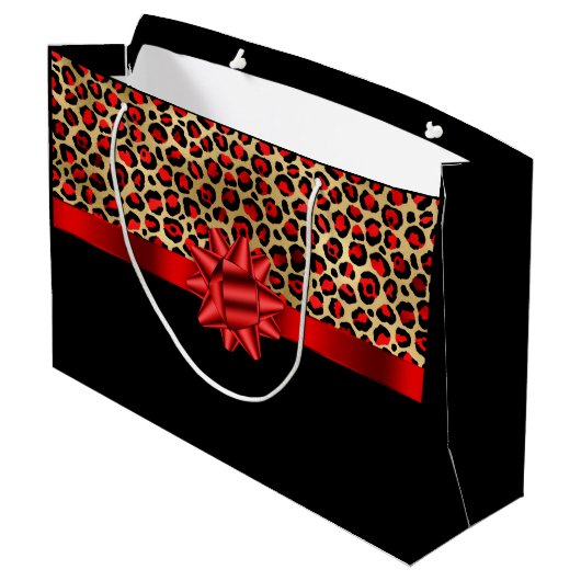 Personalisierter schwarzer Leopard RED BOW Große Geschenktüte (Rückseite Schrägansicht)