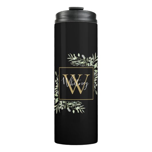 Personalisierter Schwarzer Monogramm-Grüner Thermosbecher (Vorderseite)