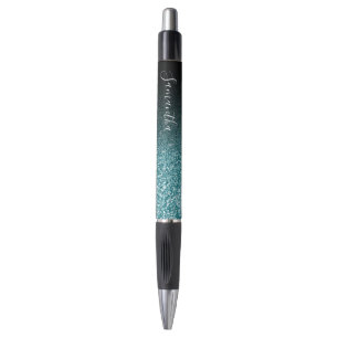 Personalisierter schwarzer Ombre-Faux-Teal-Glitter Kugelschreiber