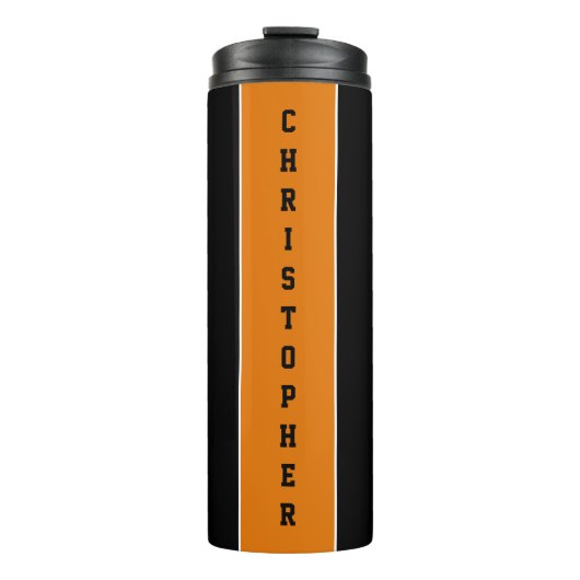 Personalisierter schwarzer Orangenstreifen Thermosbecher (Vorderseite)