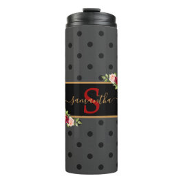Personalisierter schwarzer Polka Dot und Rose Mit  Thermosbecher
