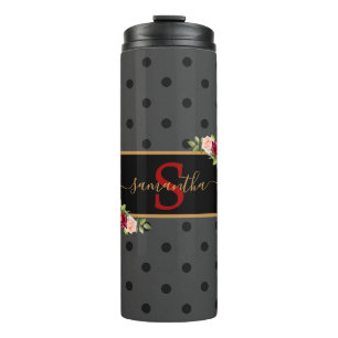 Personalisierter schwarzer Polka Dot und Rose Mit  Thermosbecher