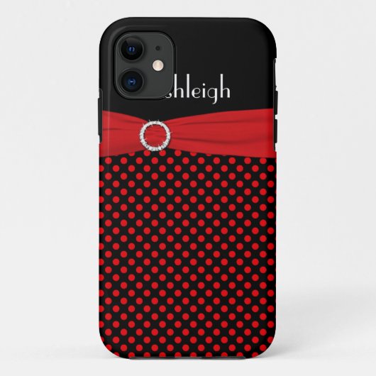 Personalisierter schwarzer, roter Polka-Punkt Case-Mate iPhone Hülle (Rückseite)