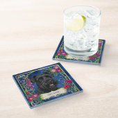 Personalisierter schwarzer Schnauzer blaue Coaster Glasuntersetzer (Schrägansicht)