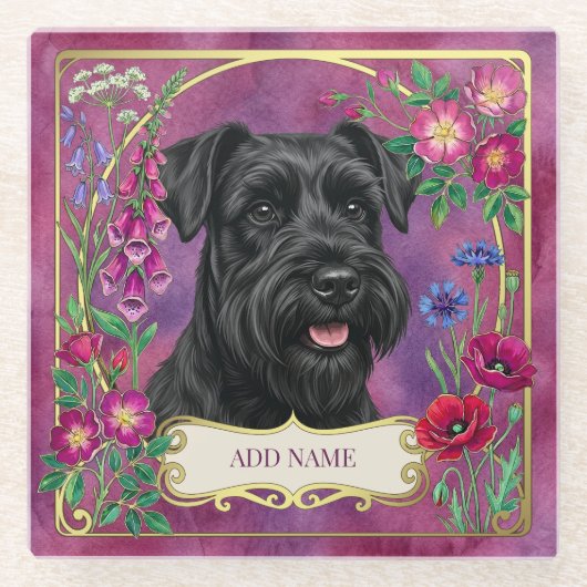 Personalisierter schwarzer Schnauzer rosa Unterset Glasuntersetzer (Vorderseite)