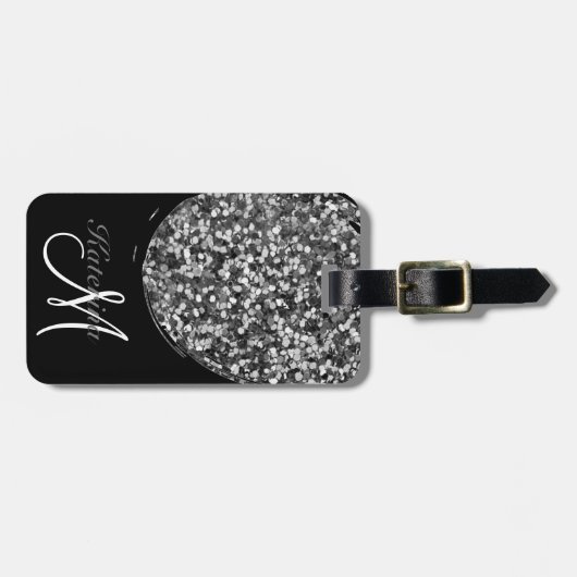 Personalisierter schwarzer Silber Glitzer Sparknam Gepäckanhänger (Vorderseite horizontal)