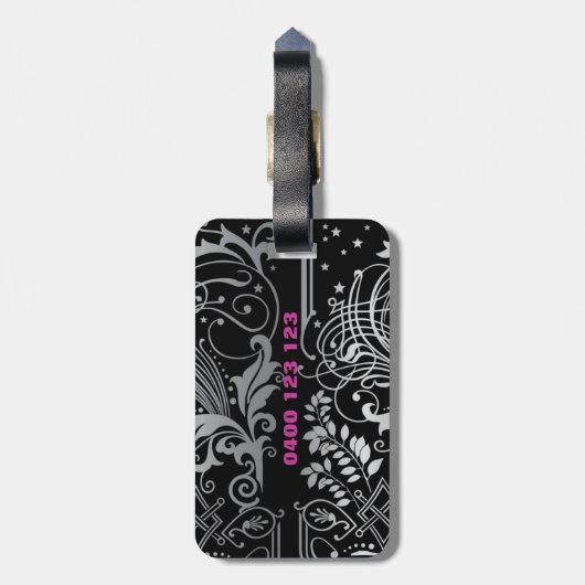 Personalisierter schwarzer Strudel-Gepäck-Umbau Gepäckanhänger (Rückseite vertikal)
