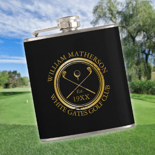 Personalisierter schwarzer und goldener Golfschläg Flachmann
