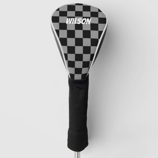 Personalisierter schwarzer und grauer karierter Mo Golf Headcover (Vorderseite)