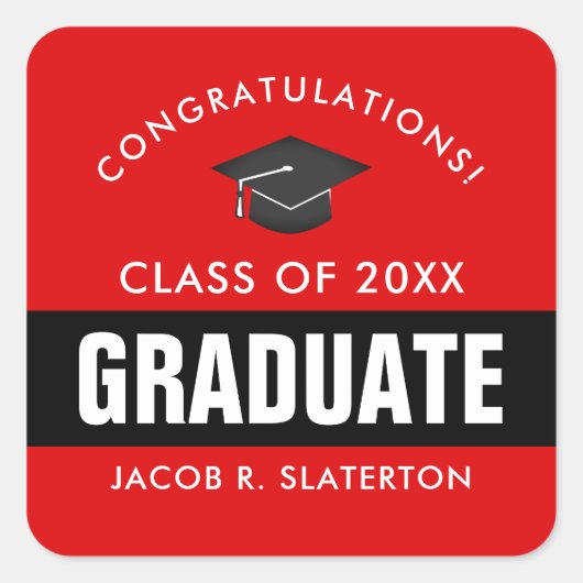 Personalisierter schwarzer und roter Abschluss Quadratischer Aufkleber (Vorderseite)