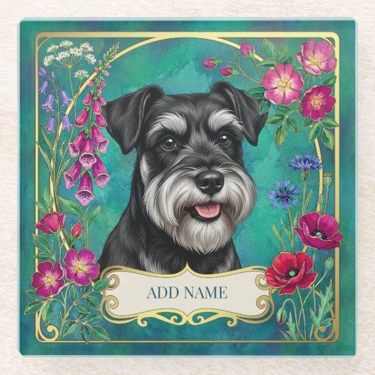 Personalisierter schwarzer und silberner Schnauzer Glasuntersetzer (Vorderseite)