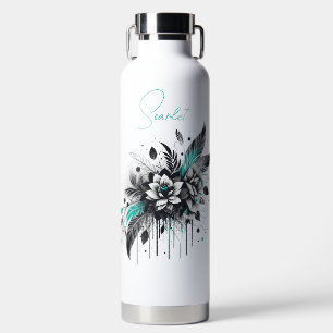 Personalisierter schwarzer und tealer Blumenstrauß Trinkflasche