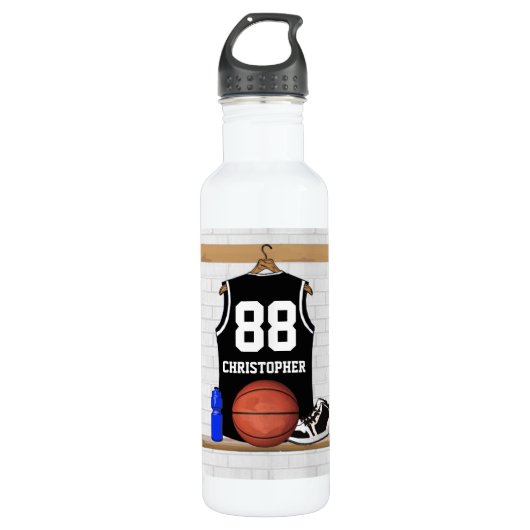 Personalisierter Schwarzweiss-Basketball Jersey Edelstahlflasche (Vorderseite)