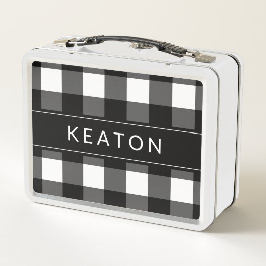Personalisierter Schwarzweiss-GinghamLunchbox Metall Lunch Box (Rückseite)