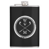 Personalisierter Schwarzweiß-Monogramm-Golf Flachmann (Vorderseite)