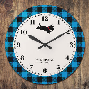 Personalisierter Scottie-Hund Buffalo Plaid Blau Große Wanduhr
