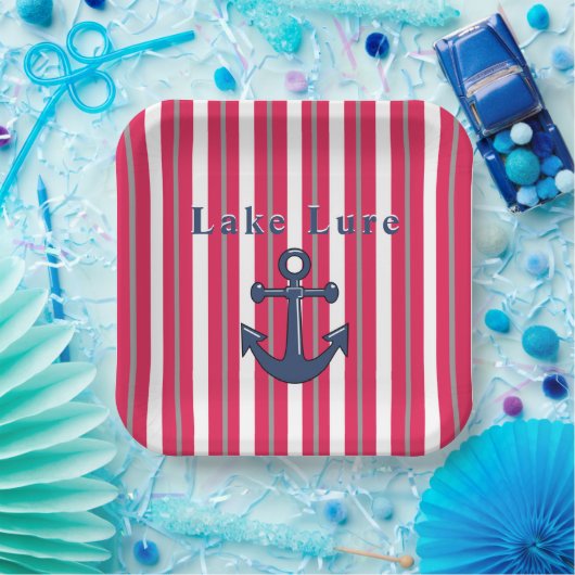 Personalisierter See oder Strand Rot Streifen Pappteller (Party)