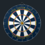 Personalisierter Senf aus der Mitte des Jahrhunder Dartscheibe<br><div class="desc">Dartboard mit einem Farbschema aus der Mitte des Jahrhunderts (dunkelblau,  rot und Senfgelb) mit personalisiertem Text auf der Oberseite und unten auf dem Board. Fügen Sie das Ihrer modernen Wohngestaltung aus der Mitte des Jahrhunderts hinzu!</div>