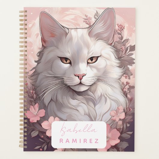 Personalisierter Serene White Cat Planner mit Name Planer (Vorderseite)