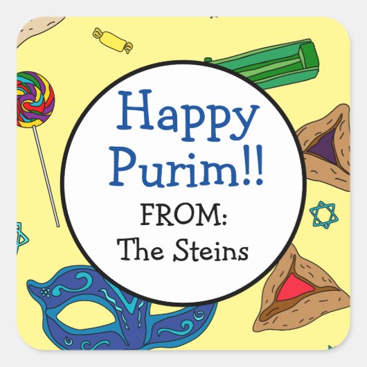 Personalisierter Shaloch-Manot-Gelber-Quadratzer Quadratischer Aufkleber (Vorderseite)