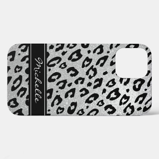 Personalisierter silber Glitzer Leopard iPhone 12 Case-Mate iPhone Hülle (Rückseite (Horizontal))