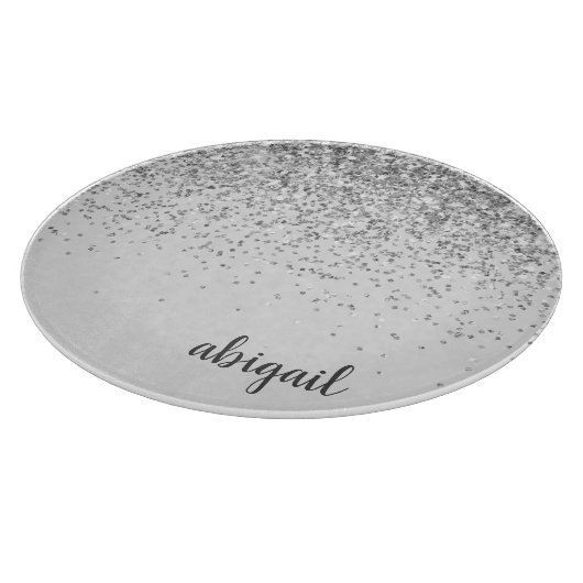 Personalisierter Silber-Glitzer Moderner Monogramm Schneidebrett (Ecke)