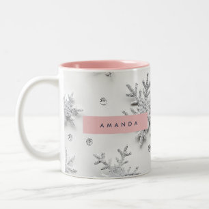 Personalisierter Silber-Schneeflocke & Winterweiß Zweifarbige Tasse