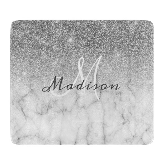 Personalisierter silberner Glitter-Monogramm-Marmo Schneidebrett (Vorderseite)