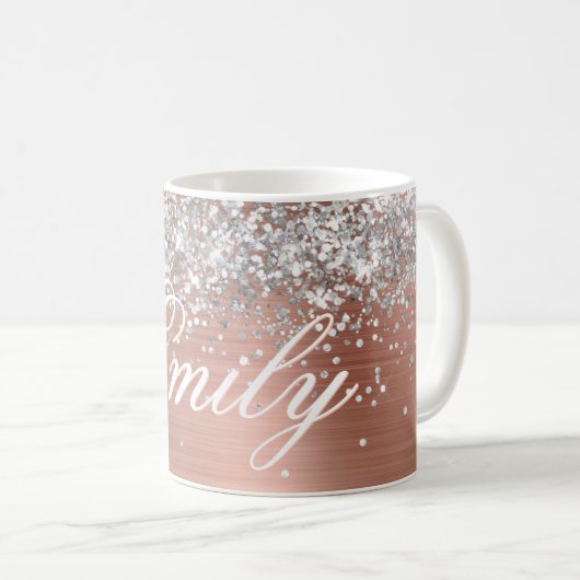 Personalisierter Silberner Glitzer Rose Gold Fossi Kaffeetasse (VorderseiteRechts)