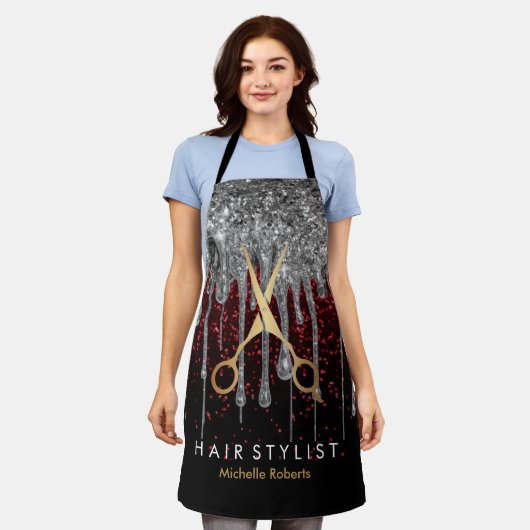Personalisierter Silberschere Glitzer Friseur Salo Schürze (Getragen)