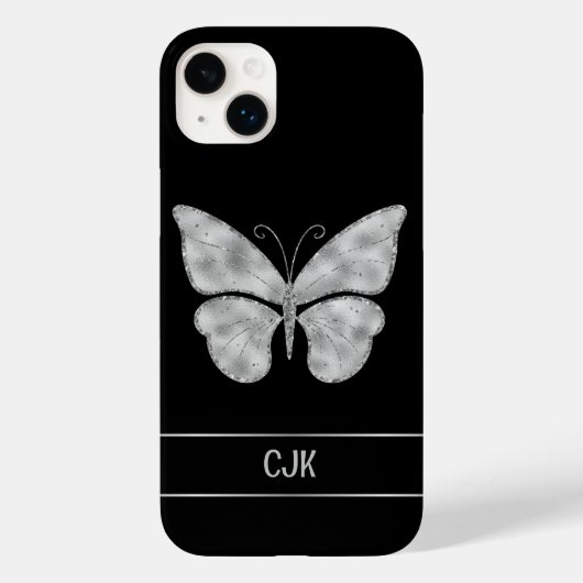 Personalisierter Silberschmetterling auf Schwarz Case-Mate iPhone Hülle (Rückseite)