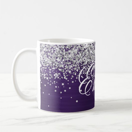 Personalisierter Silberstreifen Glitzer Dunkle Vio Kaffeetasse (Links)
