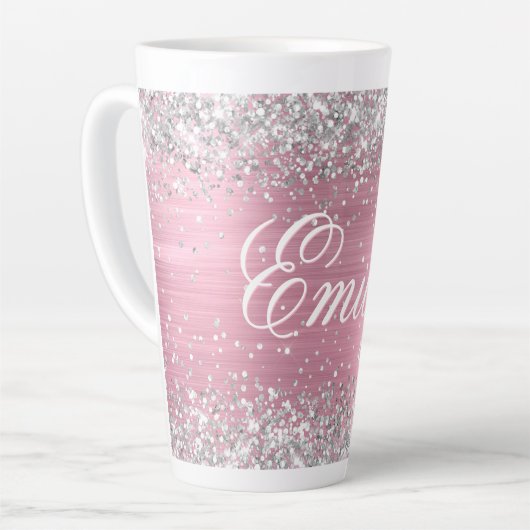 Personalisierter Silberstreifen Glitzer hellrosa F Milchtasse (Linke Ecke)