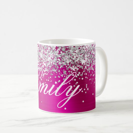 Personalisierter Silberstreifen Glitzer Hot Pink F Kaffeetasse (VorderseiteRechts)