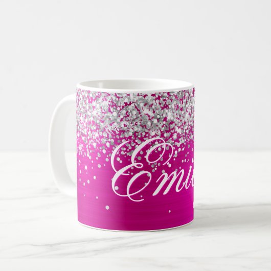 Personalisierter Silberstreifen Glitzer Hot Pink F Kaffeetasse (Vorderseite Links)