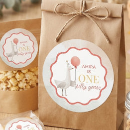 Personalisierter Silly Goose Erster Geburtstag-Auf Runder Aufkleber