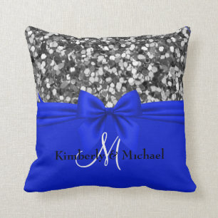 Personalisierter Silver Glitzer Eleganter Blue Bow Kissen
