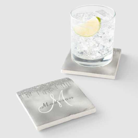 Personalisierter Silver Glitzer Monogram benutzerd Steinuntersetzer (Seitenansicht)