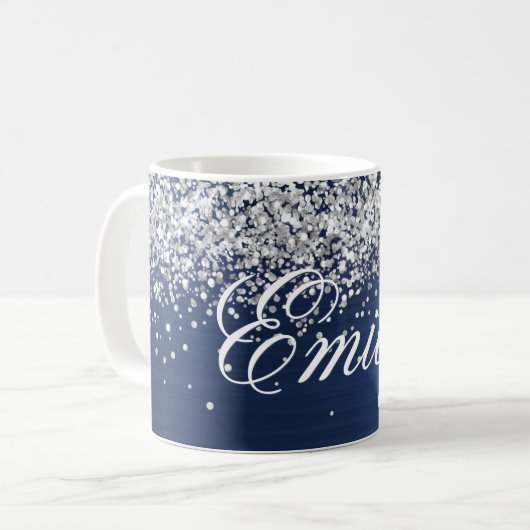 Personalisierter Silver Glitzer Navy Blue Foil Kaffeetasse (Vorderseite Links)