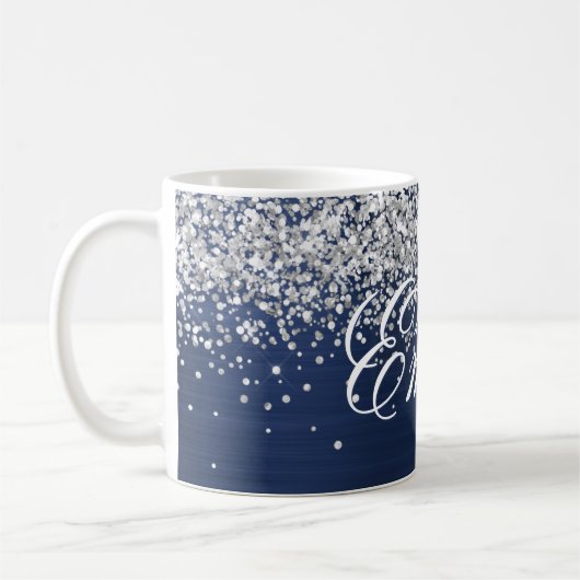 Personalisierter Silver Glitzer Navy Blue Foil Kaffeetasse (Links)