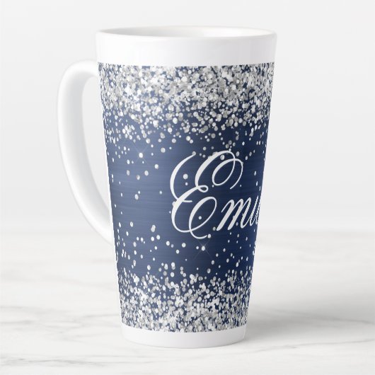 Personalisierter Silver Glitzer Navy Blue Foil Milchtasse (Linke Ecke)