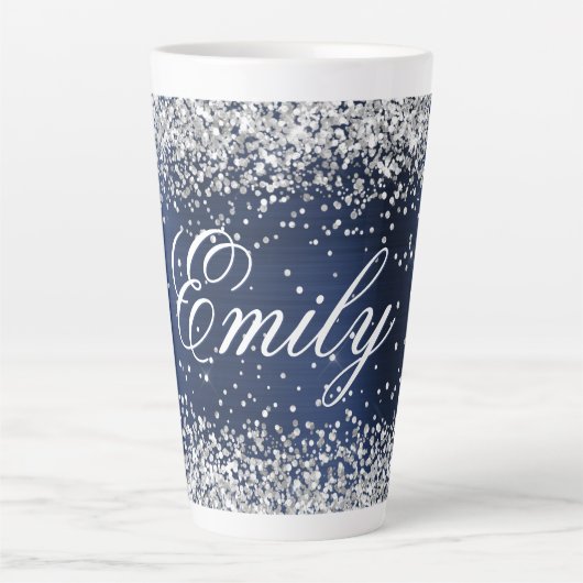 Personalisierter Silver Glitzer Navy Blue Foil Milchtasse (Vorderseite)
