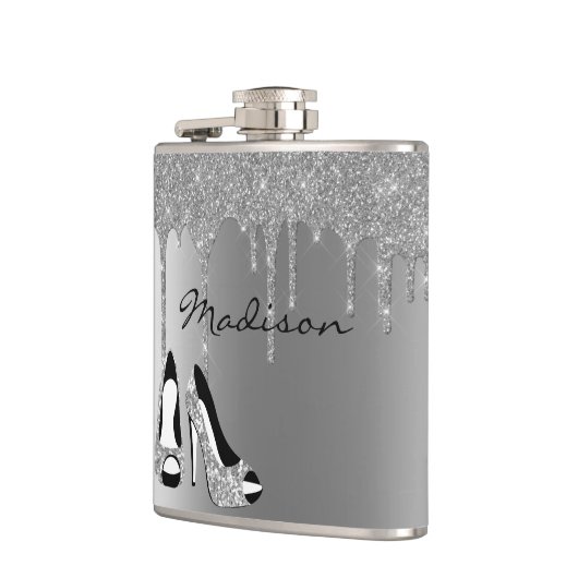 Personalisierter Silver Glitzer Tropfen Heels Schu Flachmann (Links)