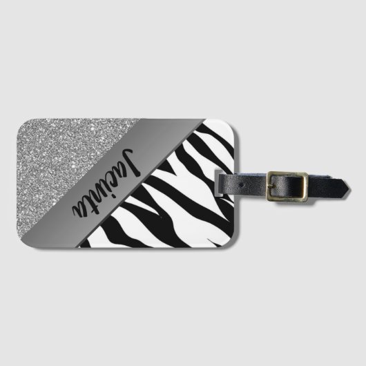 Personalisierter Silver Glitzer Zebra Print Gepäckanhänger (Vorderseite (Horizontal))