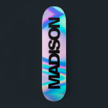 Personalisierter Skateboardname Black Holographic Skateboard<br><div class="desc">Dieses farbenfrohe Skateboard auf der Holographic Rainbow Pastel Wave abstraktes Design mit schwarzem und coolem Sans Serif Schriftart auf Unicorn Ästhetik mit einer modernen und niedlichen Touch der Fee leicht personalisieren. Fügen Sie Ihren Namen,  wählen Sie Schriftart,  ändern Sie Größe und Position,  fügen Sie Clipart,  Fotos und Formen.</div>